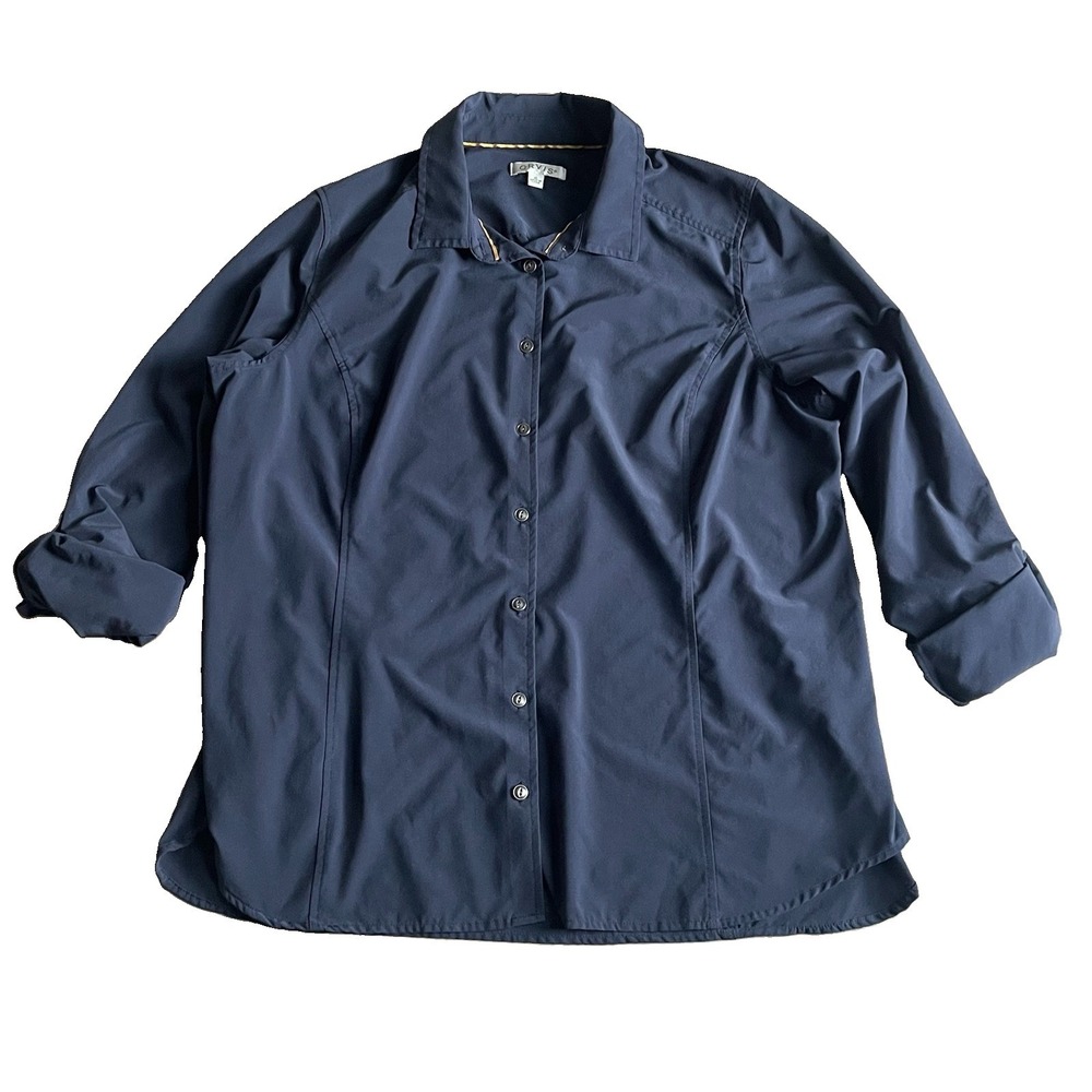 Orvis Women's XL Navy Stretch Travel Shirt Roll Tab Sleeve Buttons Zip Pocket